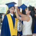 Parent fixing child's cap at graduation
