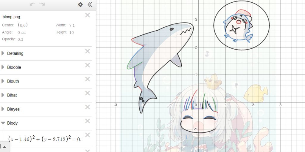 Grid drawing of cartoon animals and anime girl